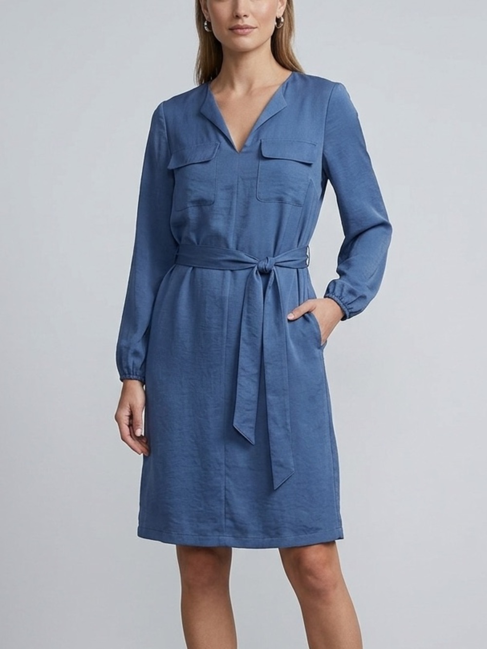 Alfani Blue Long-Sleeve Belted Mini Knee Length Shirt Dress Size Small
